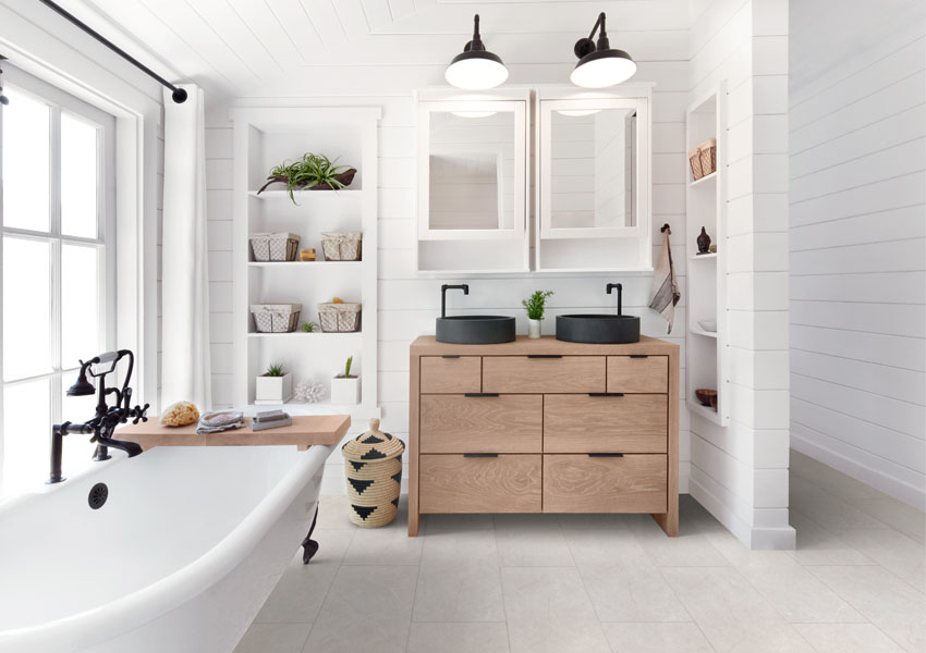 vinyl tile in modern farmhouse bathroom